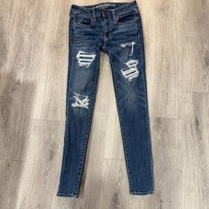 American Eagle Jegging Women 6 Blue Super Super Stretch Distressed Low Rise